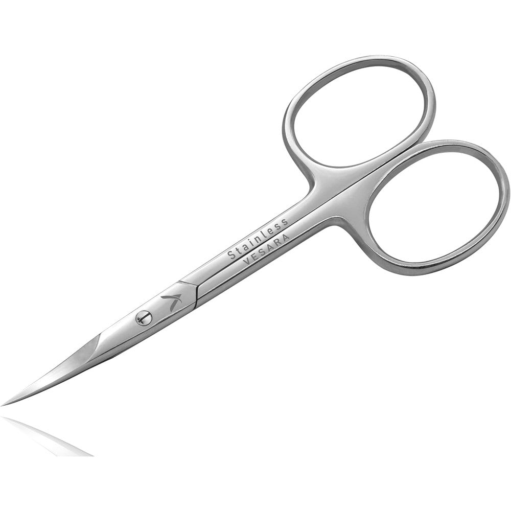 Vesara professional cuticle scissors front view showing the sharp extra fine curved blades