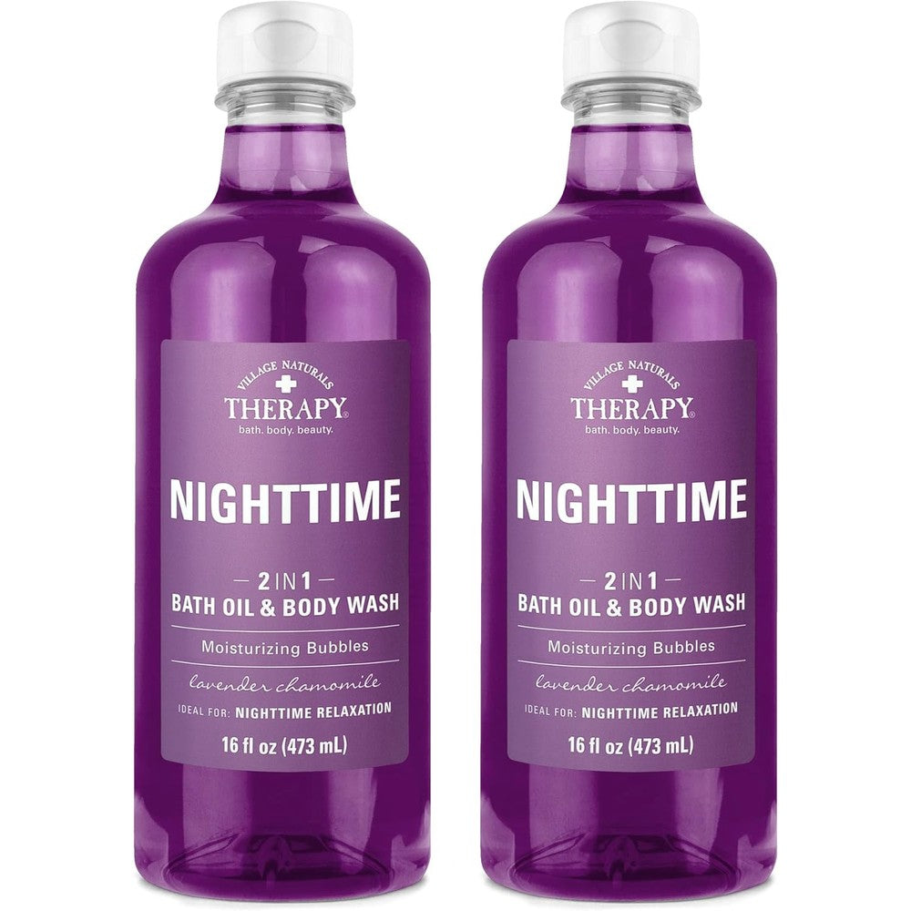 Village Naturals Therapy Aches And Pains Nighttime Relief Foaming Bath Oil And Body Wash front view bottle packaging