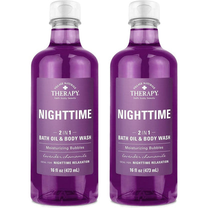 Village Naturals Therapy Nighttime Relief Foaming Bath Oil and Body Wash pack of two front view