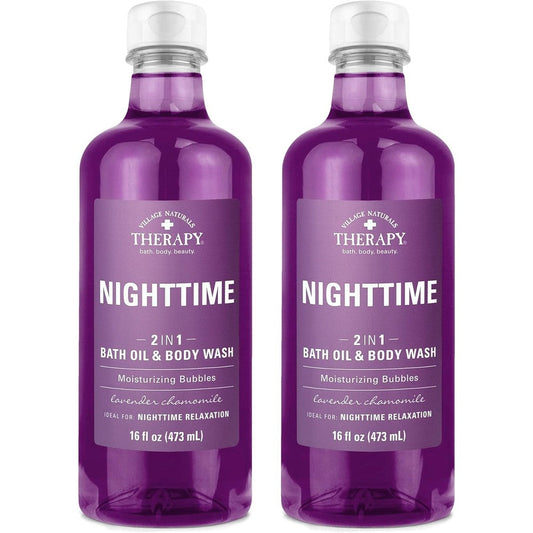 Village Naturals Therapy Nighttime Relief Foaming Bath Oil and Body Wash pack of two front view