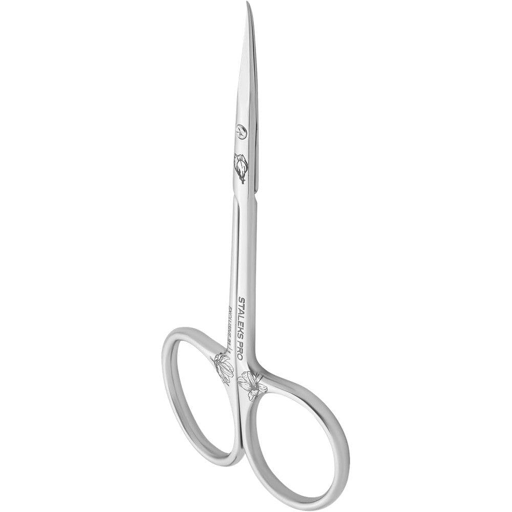 STALEKS PRO Exclusive 21 Type 1 cuticle scissors front view showing magnolia engraving