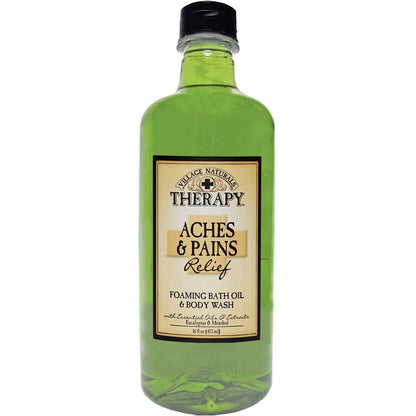 Village Naturals Therapy Foaming Bath Oil Aches and Pains 16 Ounce front view bottle for muscle relief