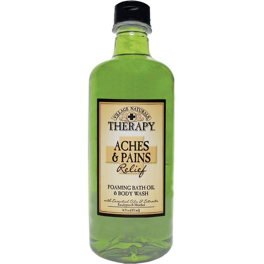 Village Naturals Therapy Foaming Bath Oil Aches and Pains 16 Ounce front view bottle for muscle relief