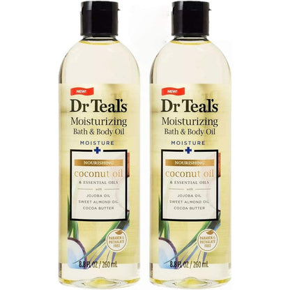 Dr Teal's Coconut Bath and Body Oil Gift Set front view showcasing the two pack bottles for full body hydration.