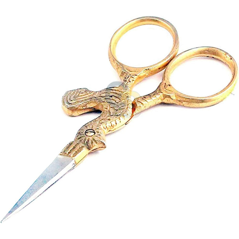 GS Online gold stork embroidery scissors front view showcasing the antique rooster handle design