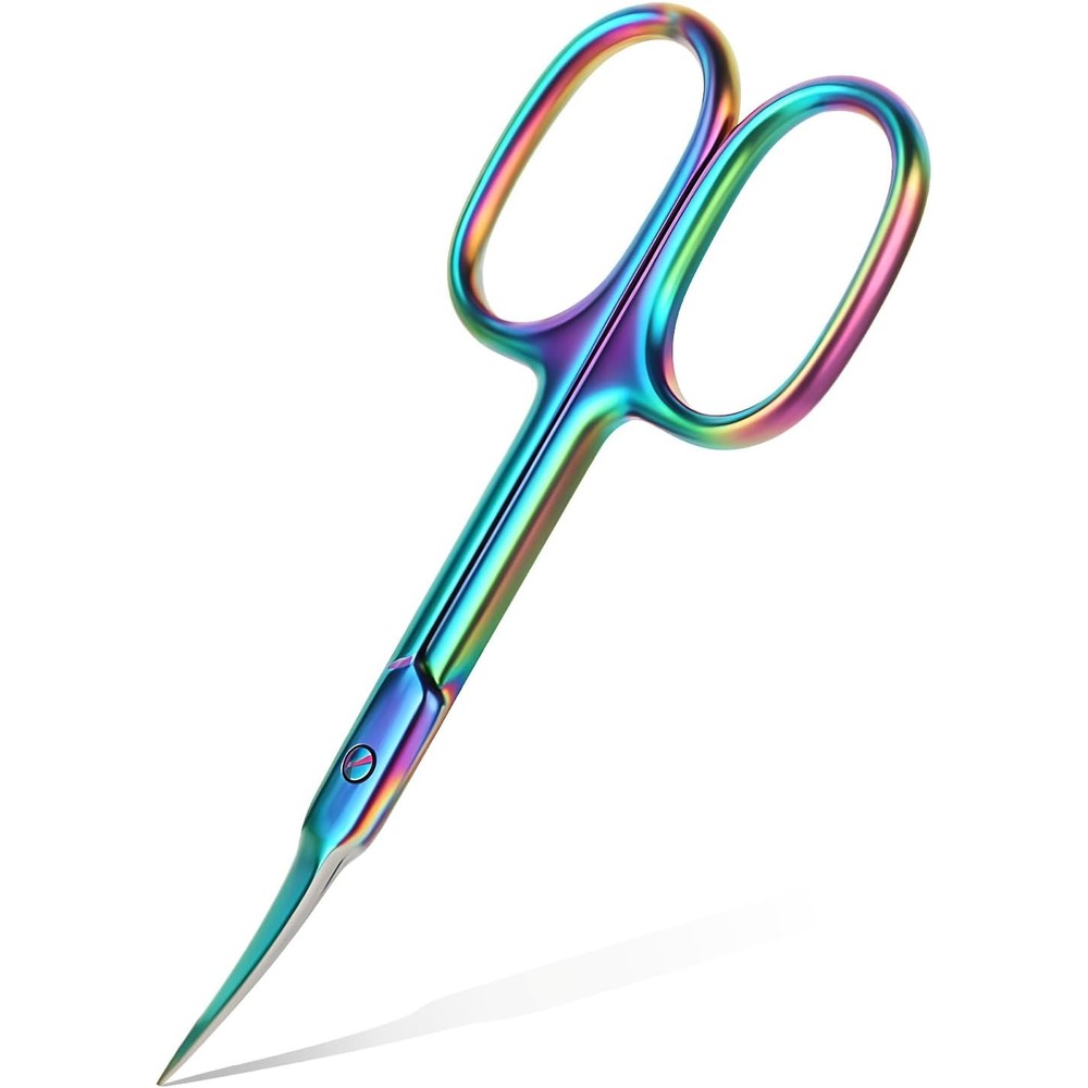 THRAU curved cuticle scissors front view showing the vibrant rainbow finish stainless steel design