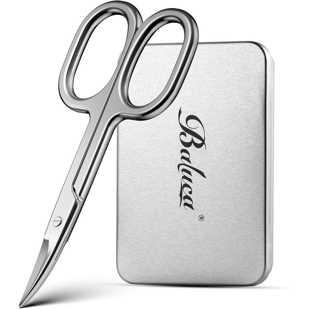 Baluca professional curved nail scissors front view showcasing sharp stainless steel blades.
