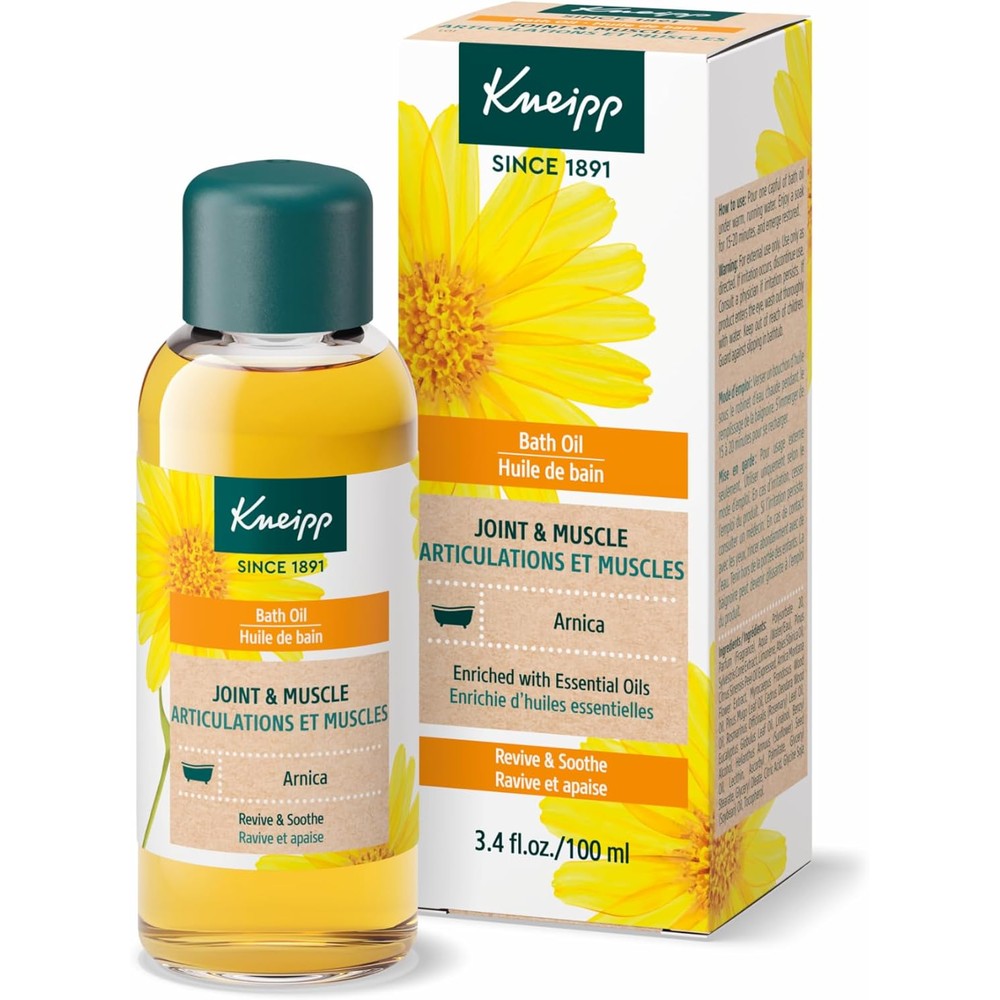 Kneipp joint and muscle arnica bath oil front view bottle with packaging