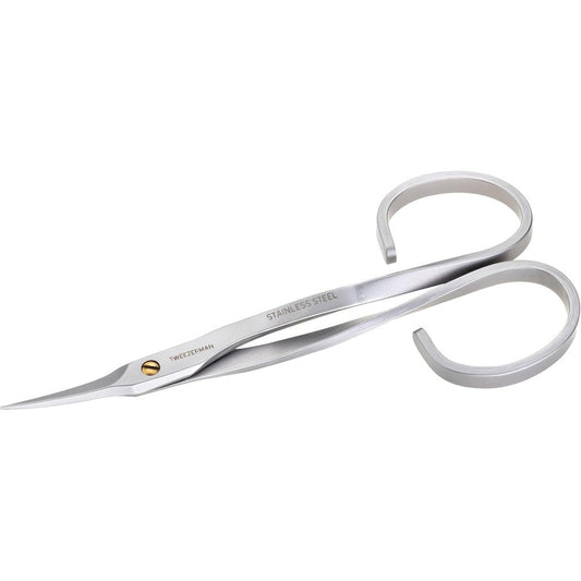 Tweezerman Stainless Steel Cuticle Scissors front view showing sharp pointed blades for precision manicure.