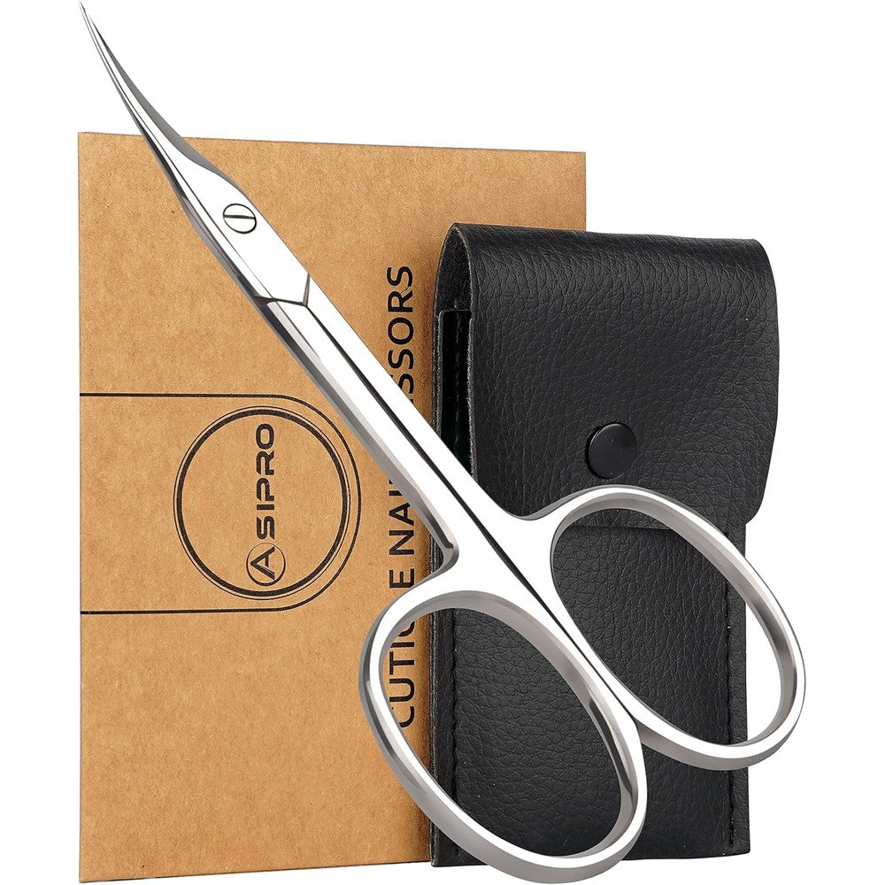 ASIPRO professional curved cuticle scissors front view in silver stainless steel finish
