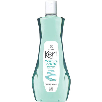 Keri Moisturizing Shower and Bath Oil 16 Fluid Ounce bottle front view showing authentic imported packaging for dry skin relief.