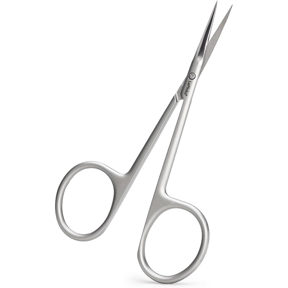 LePinko Cuticle Scissors front view showing the upgraded fine tip and curved blades.