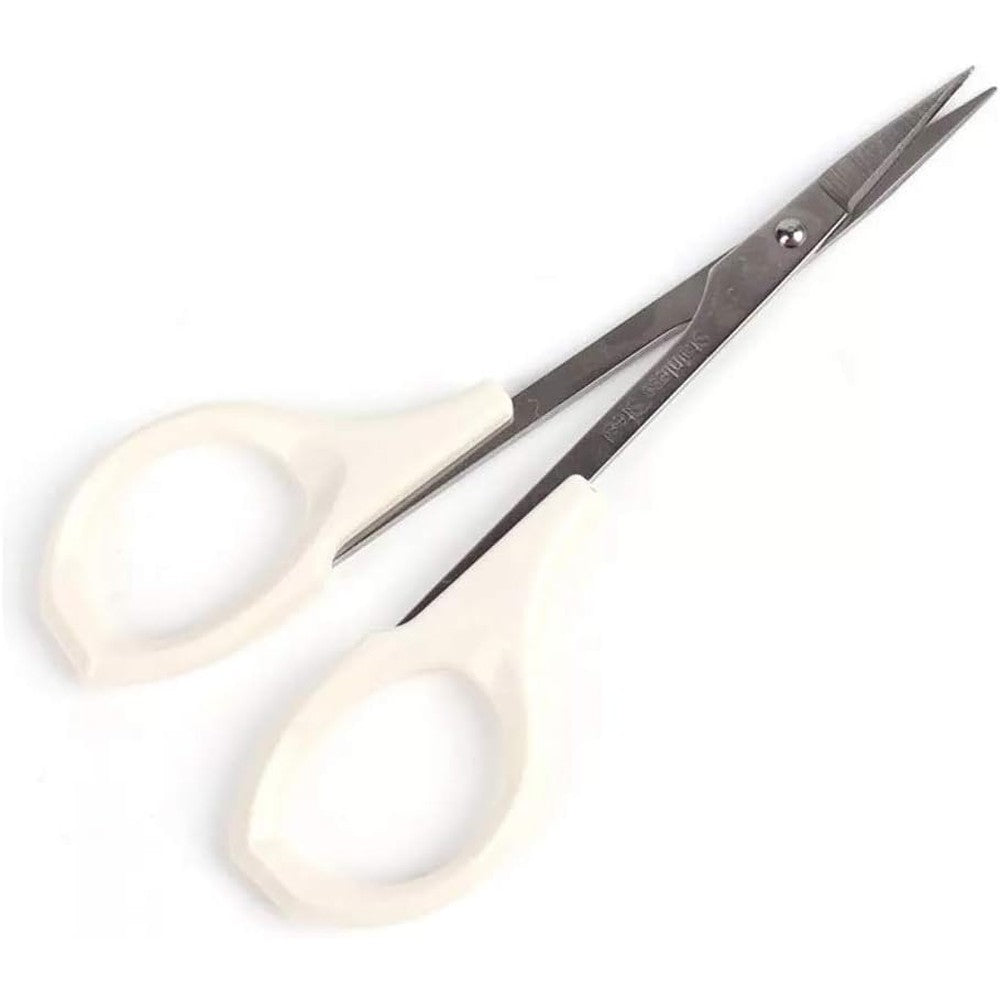 EMILYSTORES 4 inch straight eyebrow scissors front view showing thin precision stainless steel blades.