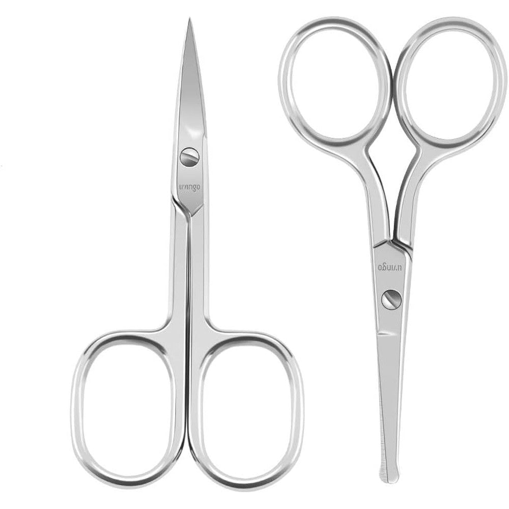 LIVINGO Premium Nose Hair Scissors Set front view showing both curved and rounded tip stainless steel grooming shears.