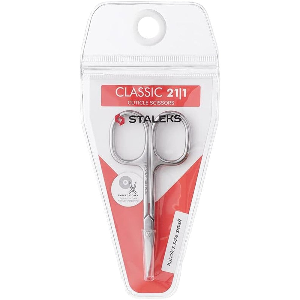 Staleks Classic 21 Type 1 cuticle scissors front view showing narrow stainless steel blades