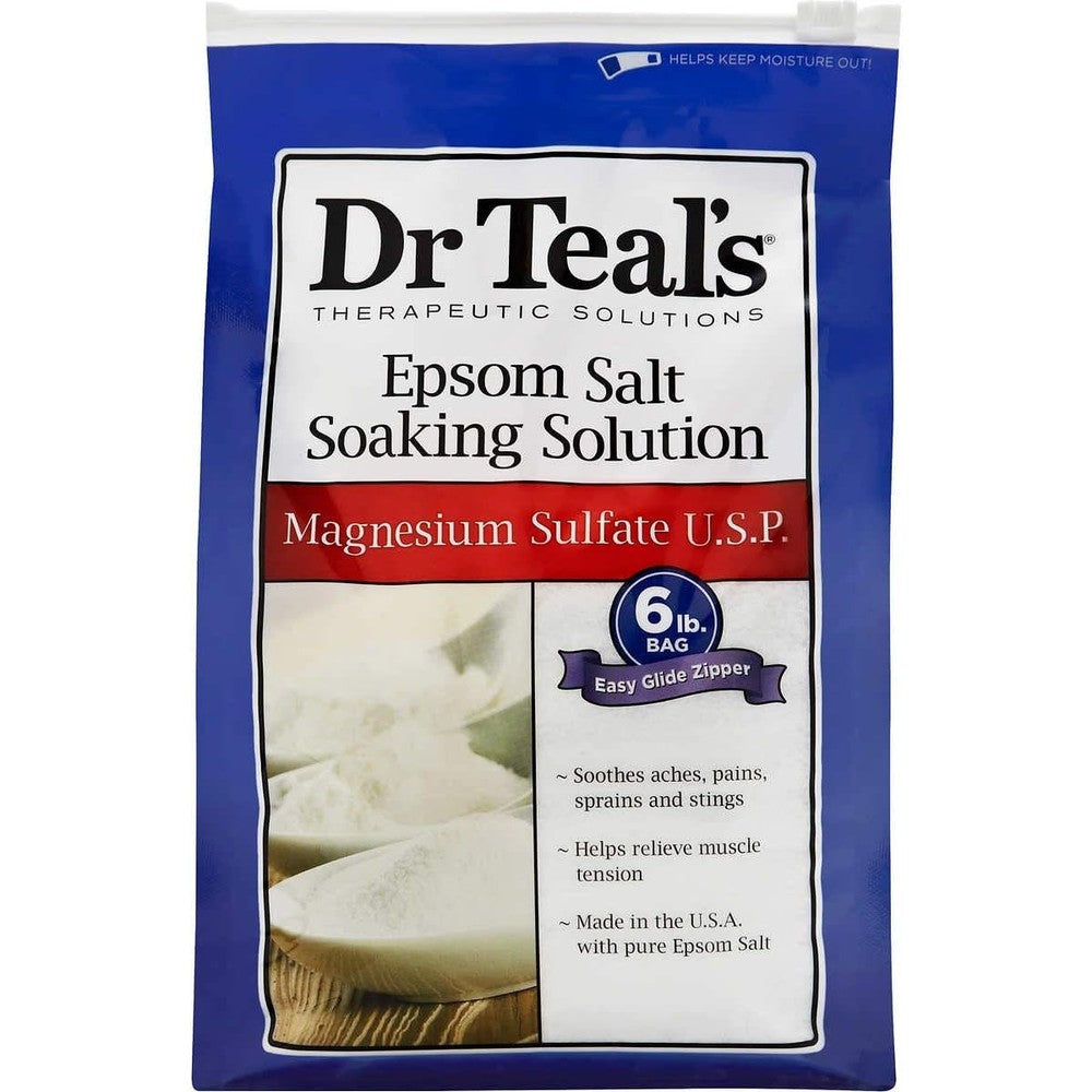 Dr Teal's Pure Epsom Salt Soaking Solution 6 Pounds 2 Count front packaging view for muscle relaxation.