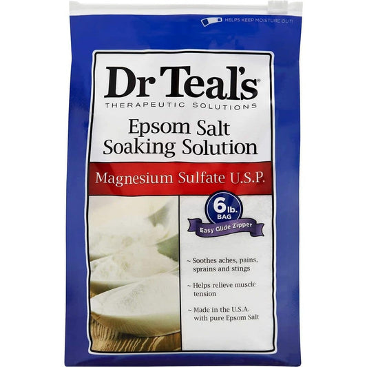 Dr Teal's Pure Epsom Salt Soaking Solution 6 Pounds 2 Count front packaging view for muscle relaxation.