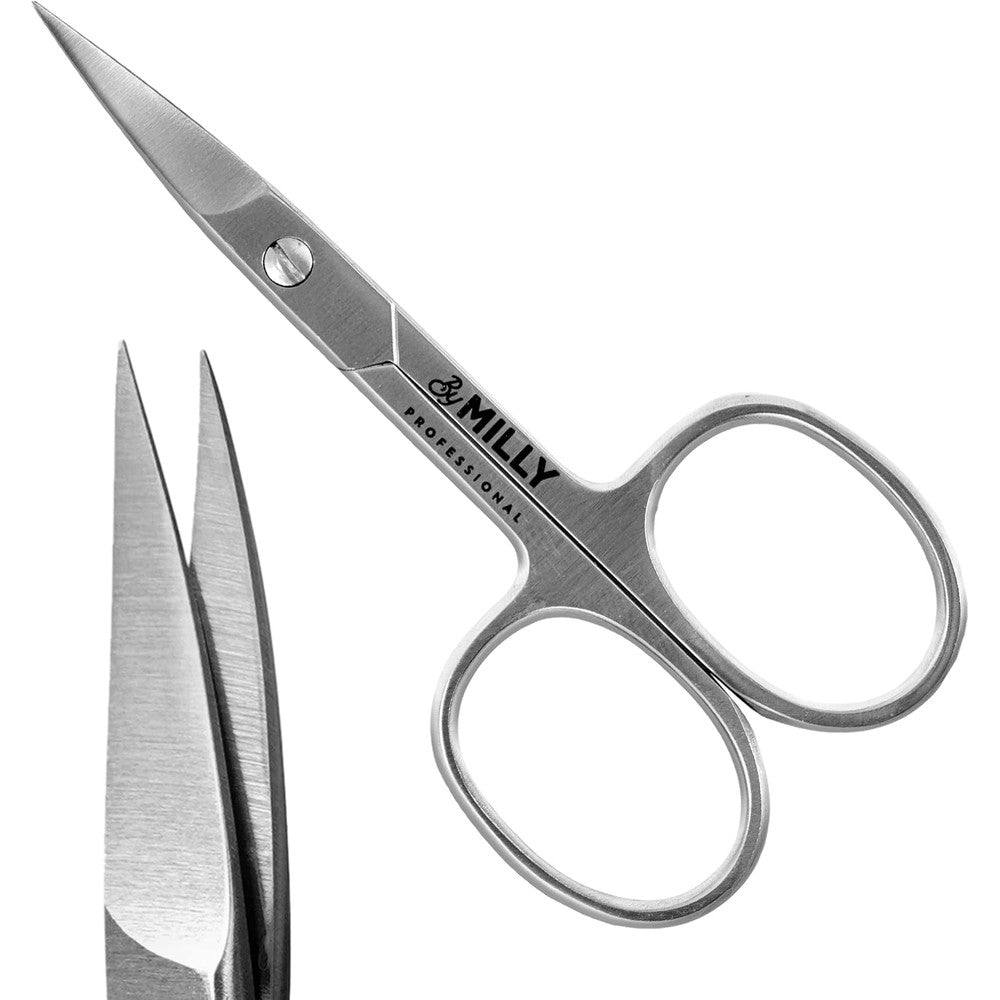 By MILLY high carbon stainless steel professional nail scissors front view showcasing the matte silver finish.