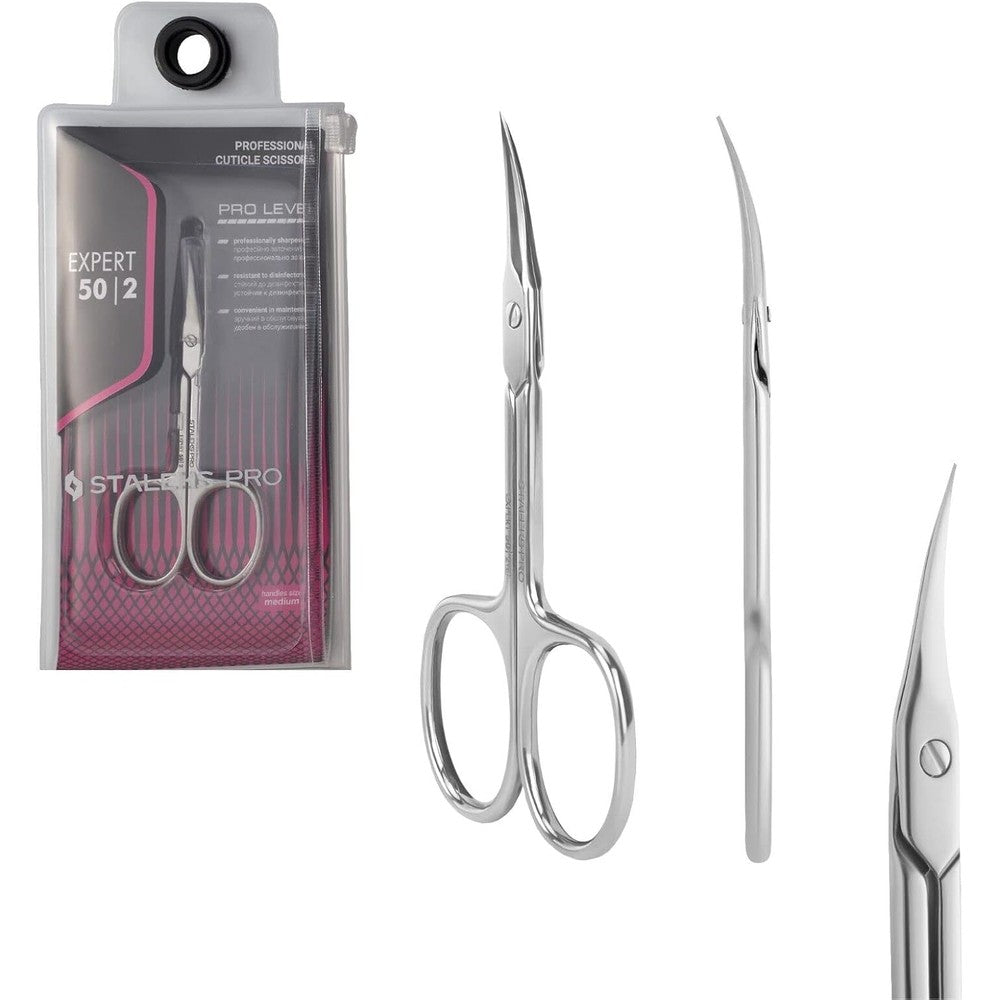 Staleks Pro Expert 50 Type 2 professional cuticle scissors front view showing curved blades