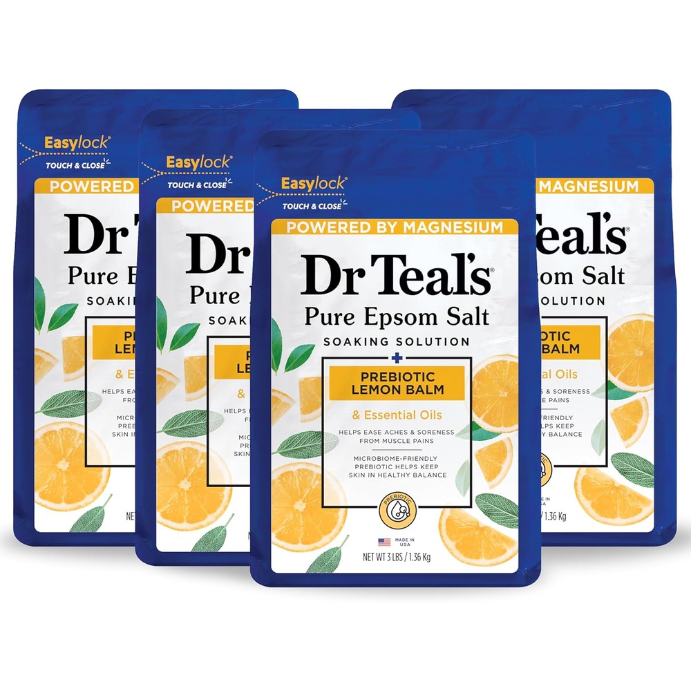 Dr Teal's Pure Epsom Salt Prebiotic Lemon Balm front view pouch