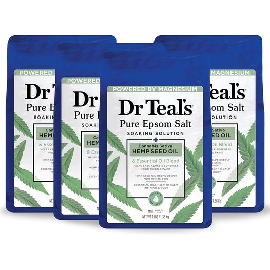 Dr Teal's Pure Epsom Salt Cannabis Sativa Hemp Seed Oil 4 pack front view for muscle relaxation