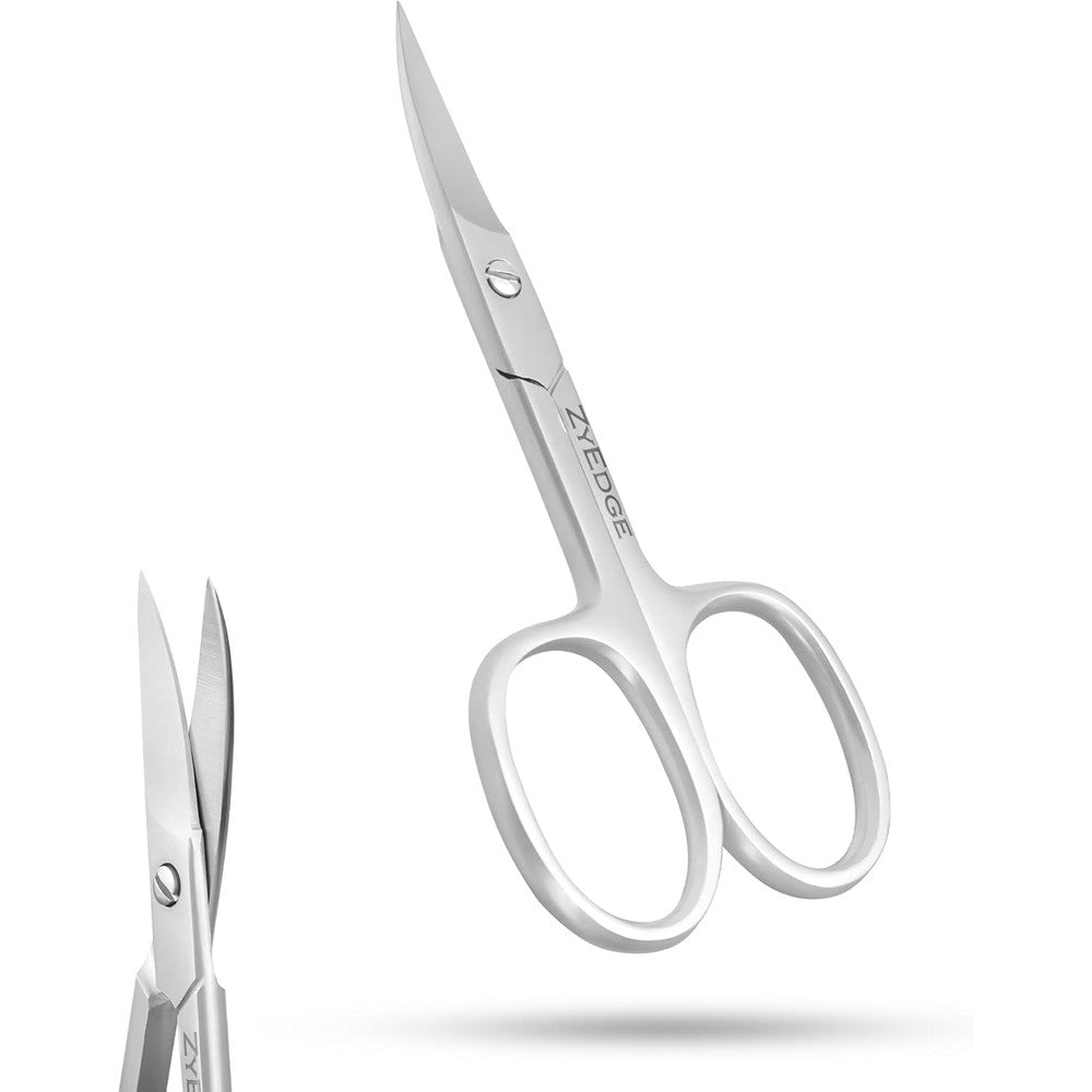 EM Beauty curved nail scissors front view showcasing stainless steel blades.