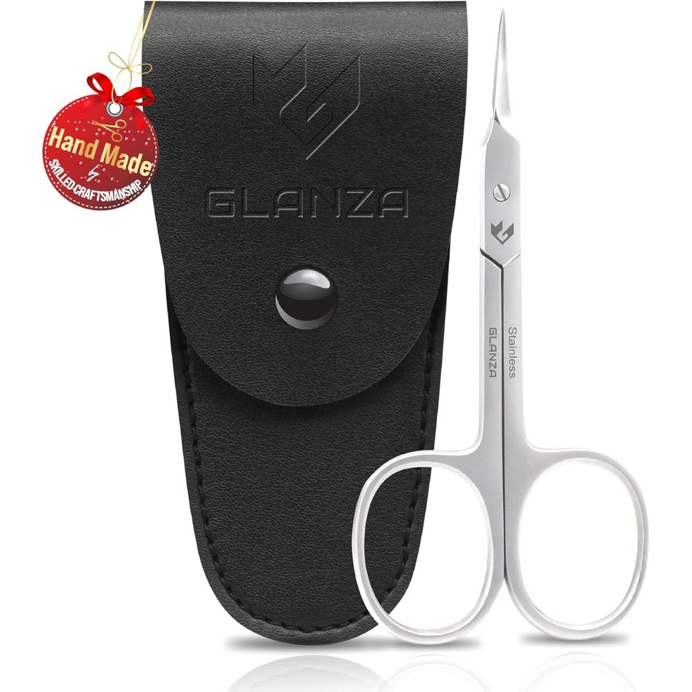 GLANZA precision cuticle scissors front view with curved blades for professional manicures.