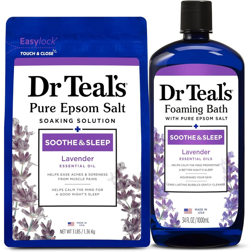 Dr Teal's lavender Epsom salt soak and foaming bath combo front view