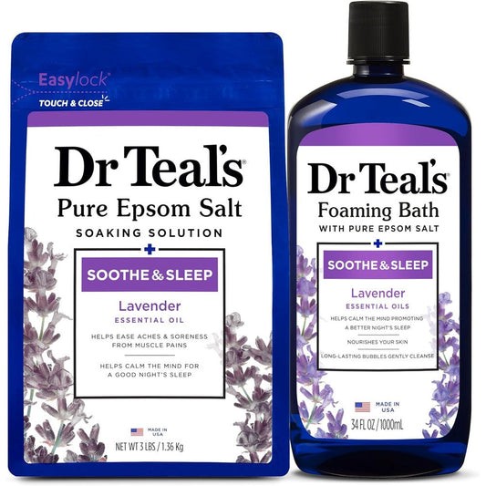 Dr Teal's Epsom Salt and Foaming Bath Lavender Combo pack front view for muscle relaxation
