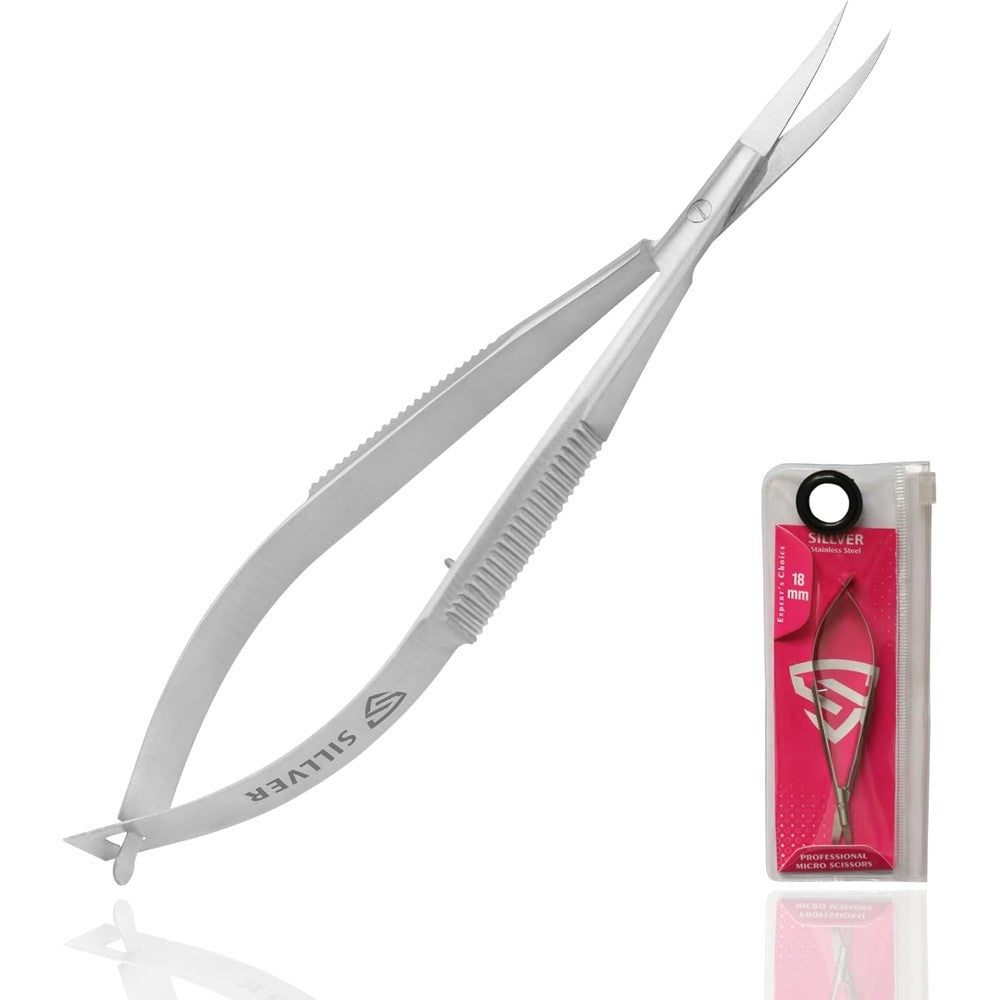 SILLVER extra fine curved cuticle scissors front view highlighting ultra sharp stainless steel blades.