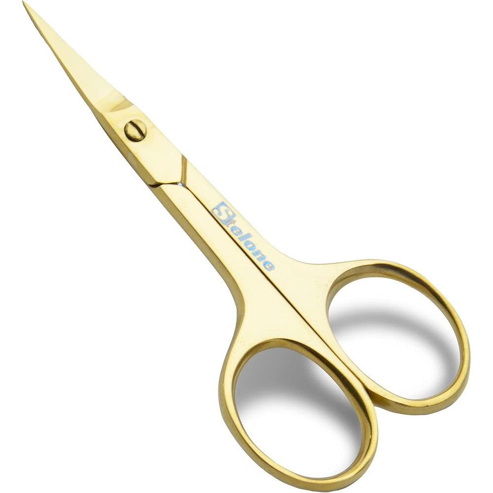 Stelone professional grooming scissors front view showing gold stainless steel curved blades for eyebrow trimming.