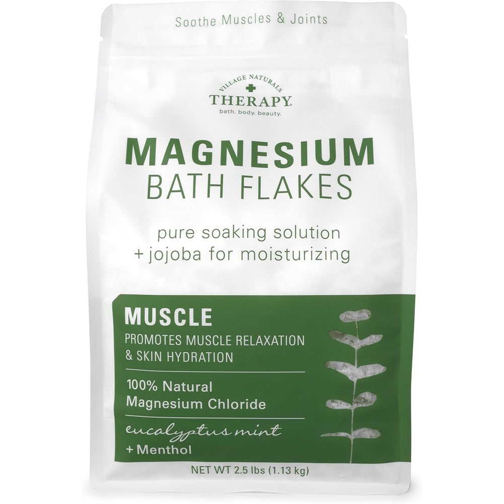 Village Naturals Therapy muscle magnesium bath flakes front view product packaging