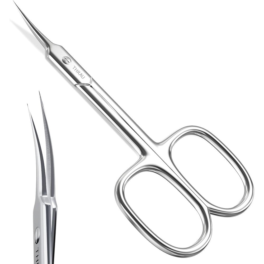 THRAU premium sharp cuticle scissors front view showing curved blades