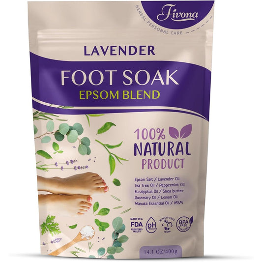Fivona Foot Soak Blend Epsom Salt with Lavender 14.1 Ounce front packaging view