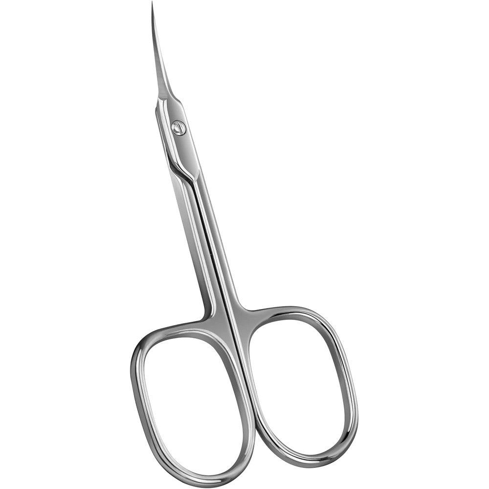 CGBE cuticle scissors front view showing the extra fine curved stainless steel blades.