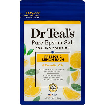 Dr Teal's Prebiotic Lemon Balm Epsom Salt Soak front view of packaging for muscle recovery
