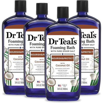Dr Teal's Foaming Bath Coconut Oil 4 pack front view for muscle relief