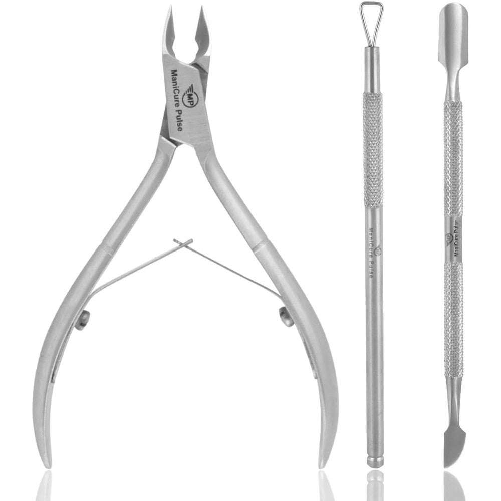 Manicure Pulse 3 piece professional nail cuticle trimmer and nipper set front view