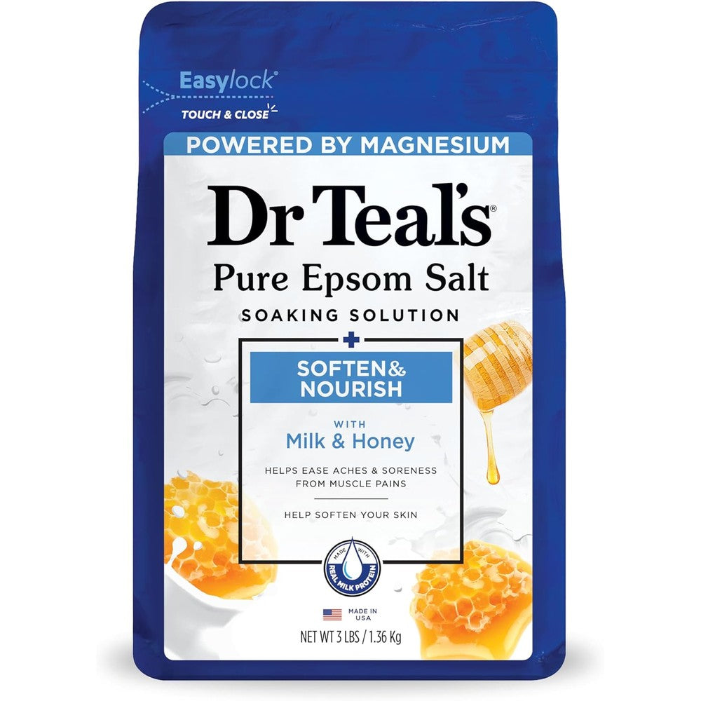 Dr. Teal's milk and honey Epsom salt soaking solution front view