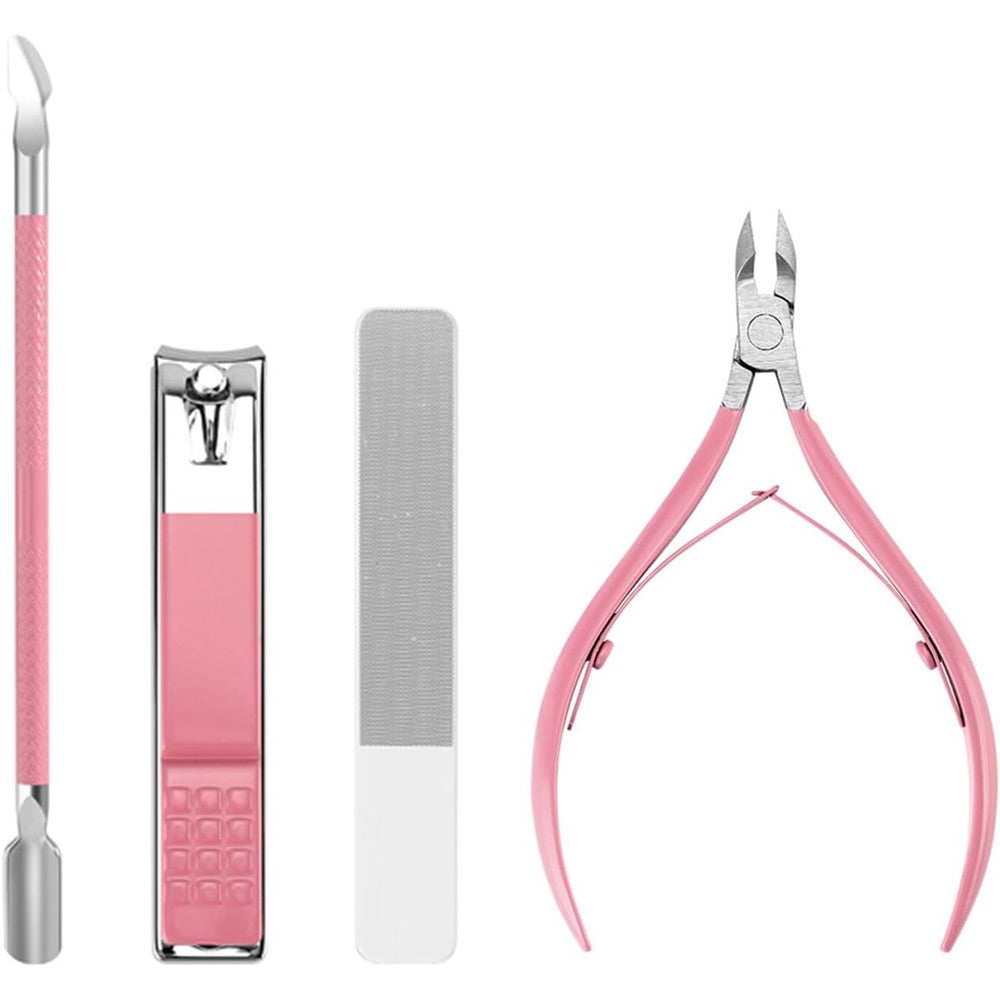 Walentin Profwr manicure kit with stainless steel tools and pink handles.