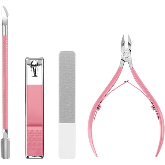 Walentin Profwr manicure kit with stainless steel tools and pink handles.