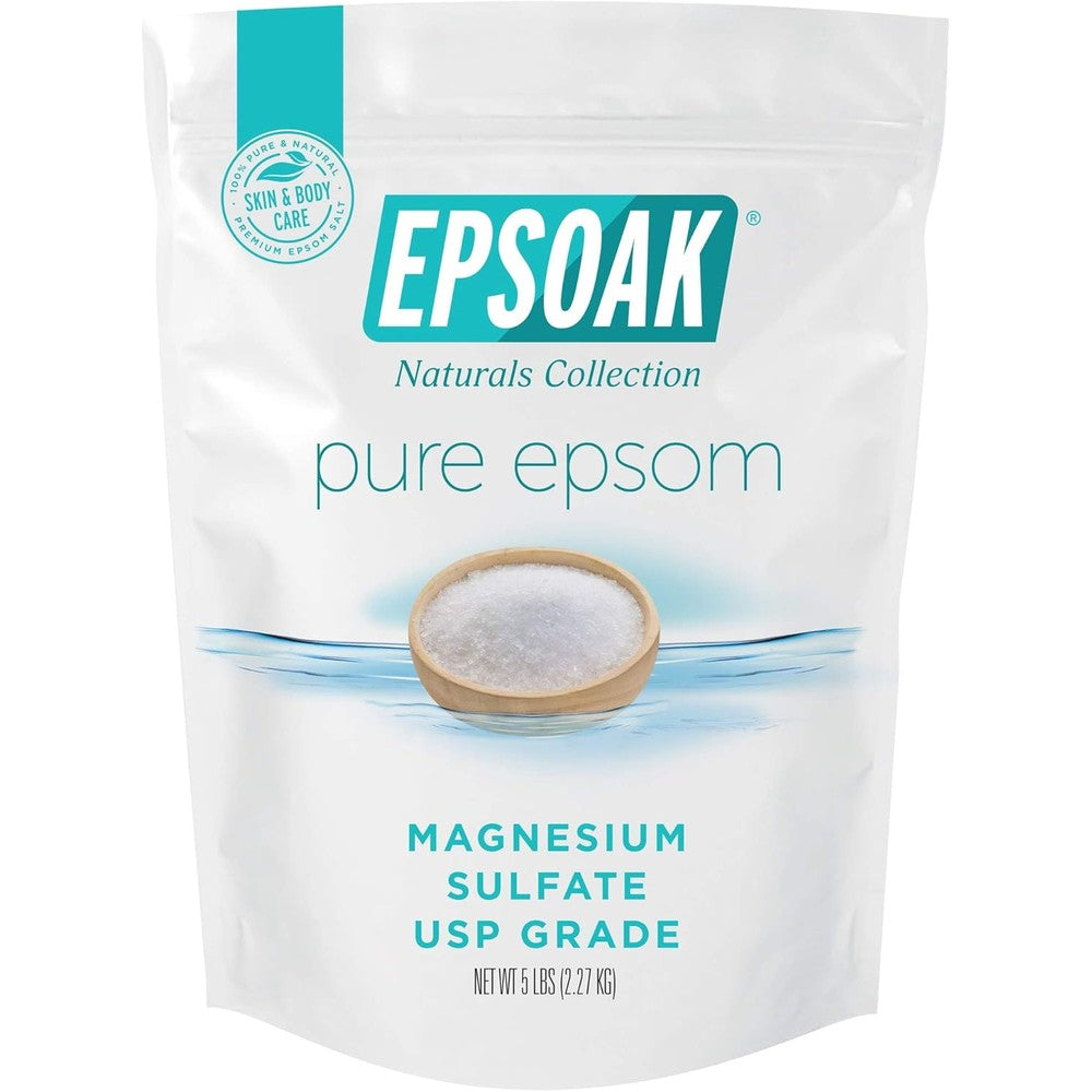 Epsoak Epsom Salt 5 Pound Resealable Bag front view showing brand logo and crystal design
