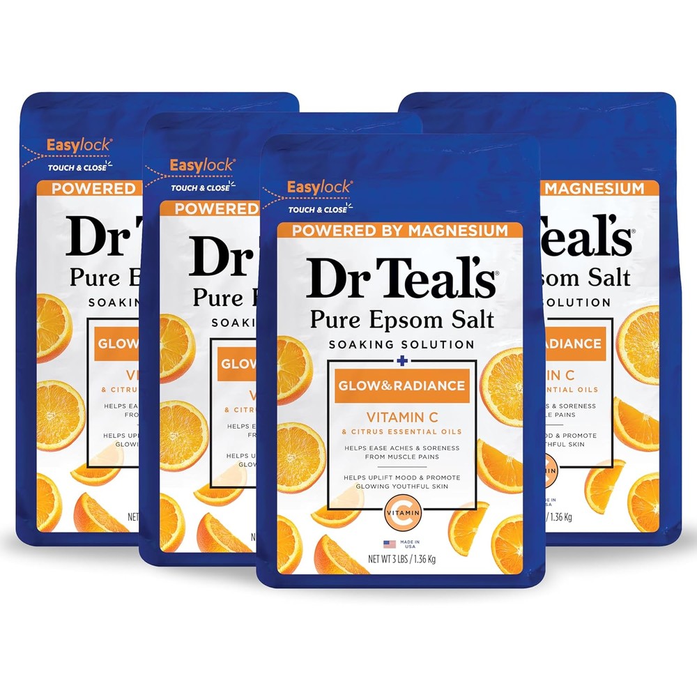 Dr Teal's Glow and Radiance Epsom Salt Soak front view 3 pound bag pack of 4