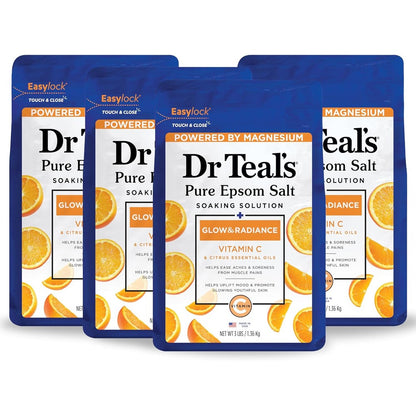 Dr Teal's Pure Epsom Salt Soak Glow and Radiance four pack front view for muscle relaxation