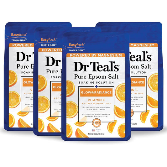 Dr Teal's Pure Epsom Salt Soak Glow and Radiance four pack front view for muscle relaxation