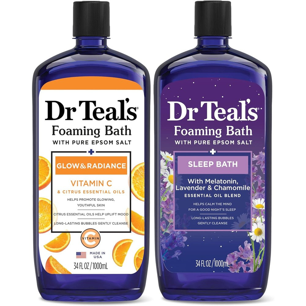 Dr Teal's foaming bath twin pack front view with pure Epsom salt and vitamin C