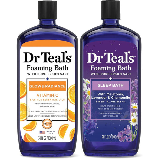 Dr Teal's Foaming Bath Pure Epsom Salt pack of two front view bubble bath bottle