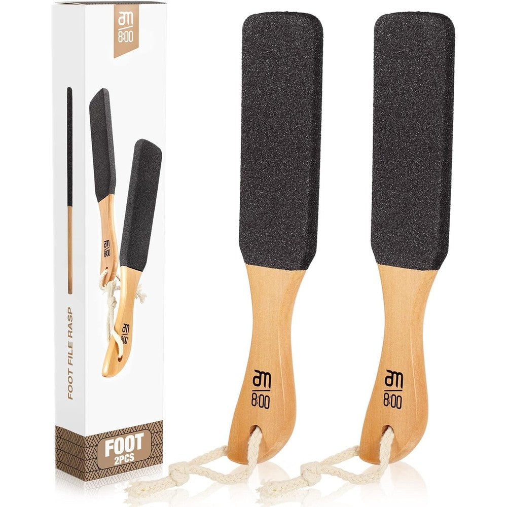AM 8:00 pumice stone foot file two pack front view showing the dark exfoliating surface and natural wooden handle.