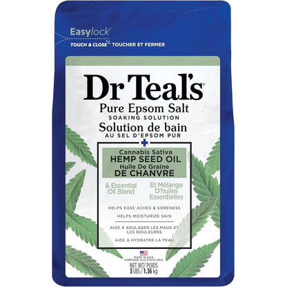 Dr Teal's Pure Epsom Magnesium Salt Soak Cannabis Sativa Hemp Seed Oil front view packaging