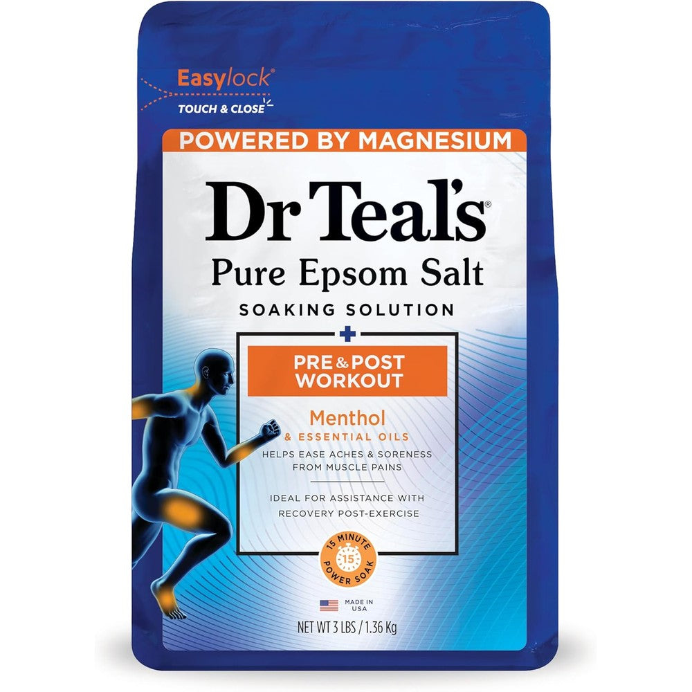 Dr Teal's Epsom Salt Pre and Post Workout 3 pounds front packaging view highlighting magnesium recovery benefits.